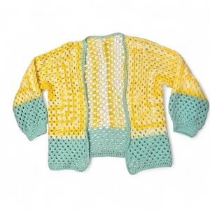 Handmade Crochet Cottage Granny Yellow Blue Women's Crochet Long Sleeve Cardigan